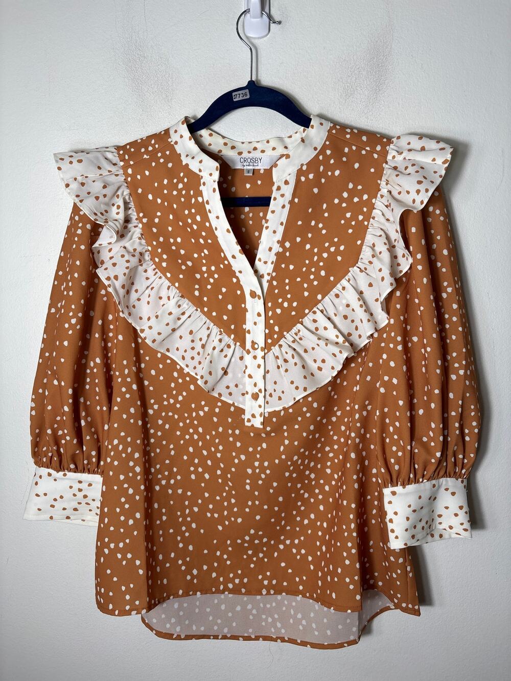Crosby Brown and White Spotted Ruffle Blouse Sz S